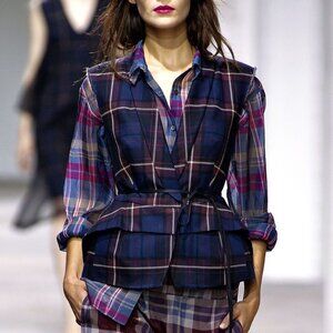 Dries Van Noten SS13 Runway Burgundy & Navy Cotton & Linen Plaid Peplum Vest